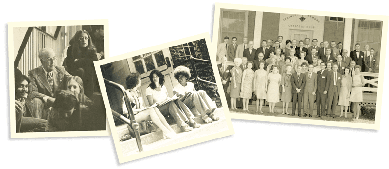 1967:  From left: Founding President Edmond P. Garvey with students; Students on campus;The first faculty/staff meeting on the steps of Building 11 in September 1967